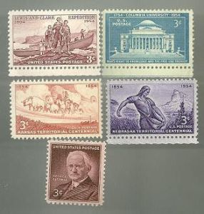 United States Commerative Single Stamp Sets 1954 Scott #1029 and 1060 to #1063
