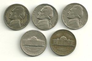 1943 S Jefferson Nickels - VG to VF Condition 