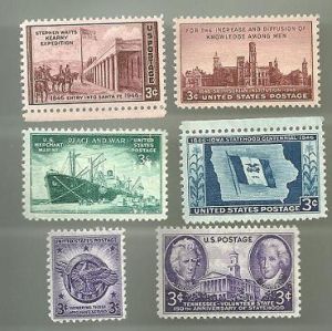 United States Commerative Single Stamp Sets 1946 Scott #939 to #944