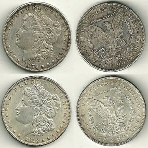 1878 7-Tail Feather & 1878 S-mint Morgan Dollar Set F/VF Condition