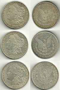 Set of 3 1921 Morgan Dollars P D & S mints VF/XF Condition