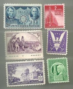 United States Commerative Single Stamp Sets 1941/42 Scott #903 to #908