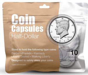 Pack of 10pcs Whitman Coin Capsules with Ring 30.6mm for Half Dollars