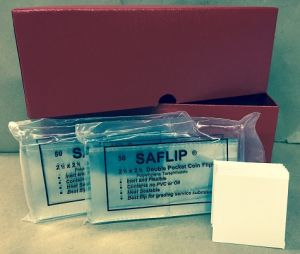 box of 100 ET Kointain SAFLIP Non Vinyl 2 1/2 x 2 1/2 Coin Flips with inserts & storage box