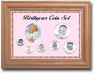 Oak Display Frame - Birth Year Coin Set (Cent Thru Half Dollar & Large Dollar - Morgan, Peace, Eisenhower)