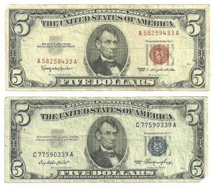1953 Series Blue and Red Seal $5.00 Notes F/VF